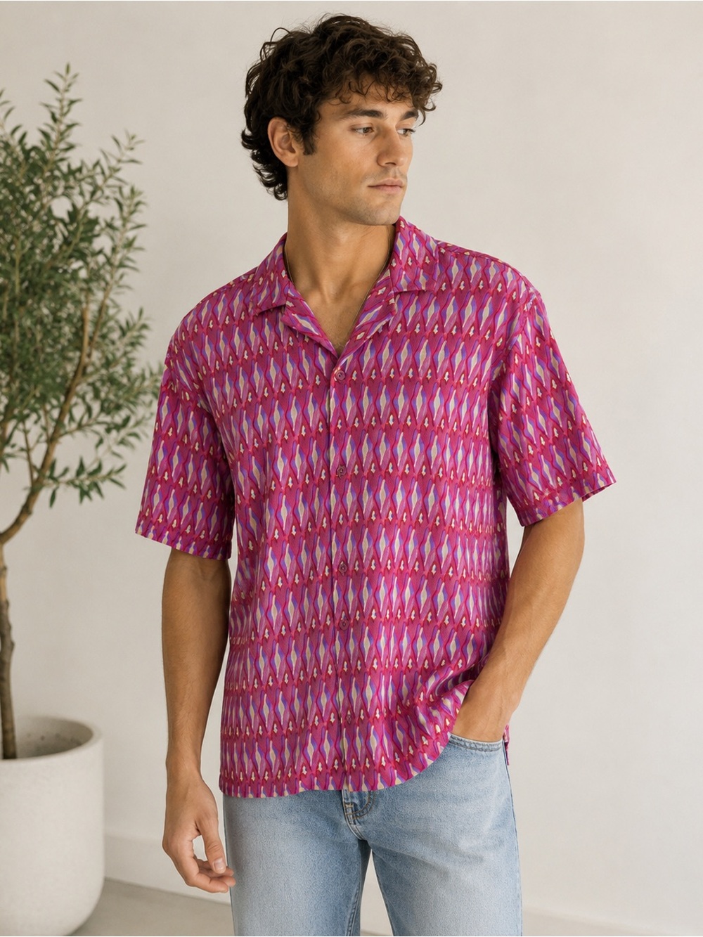 ZARA Men’s XL Geometric Jacquard Knit Button Up Shirt Pink Purple